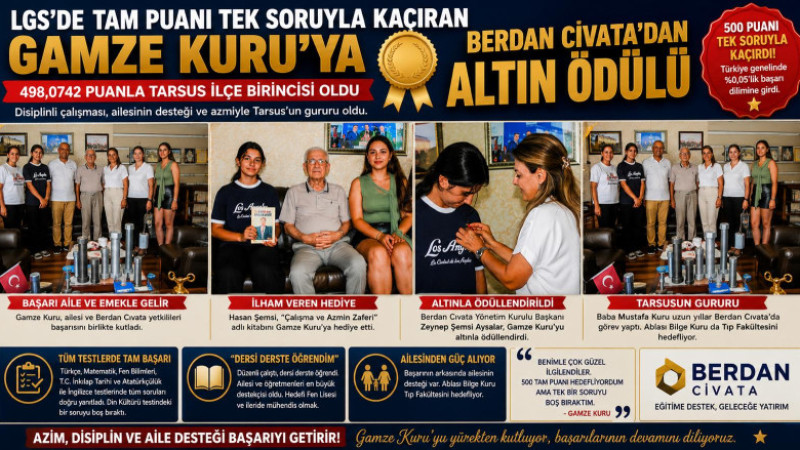 LGS'de Tam Puanı Tek Soruyla Kaçıran Gamze Kuru'ya Berdan Cıvata'dan Altın Ödülü